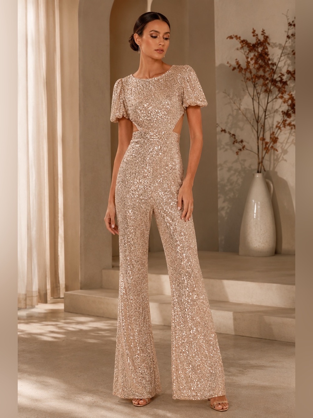 Mac Duggal Rose Gold Sequin Cutout Wide-Leg Jumpsuit